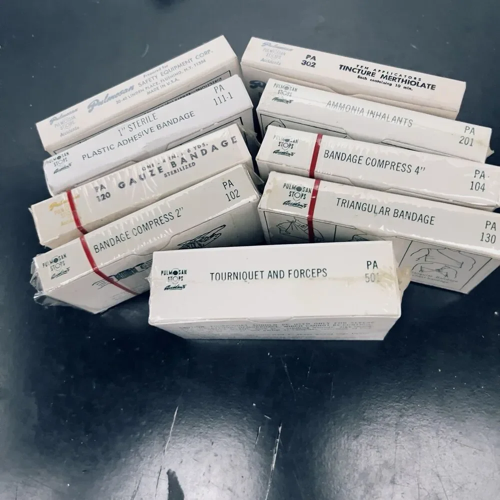 1940s Sealed Military First Aid Kit Lot of 9 Nursing Supplies WWII Pulmosan